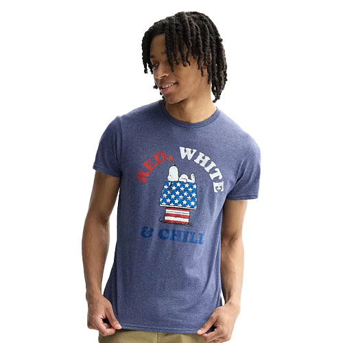A person is wearing a blue t-shirt featuring Snoopy with a red, white, and blue theme and the words \“RED, WHITE & CHILI.\“