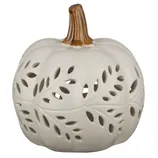 White ceramic pumpkin lantern with leaf cutout design and brown stem, ideal for decorative lighting.