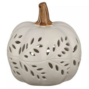 White ceramic pumpkin lantern with leaf cutout design and brown stem, ideal for decorative lighting.