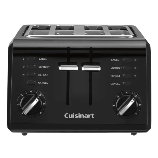 A Cuisinart four-slice toaster in black with functions like bagel, defrost, reheat, and cancel, featuring two separate control dials for browning and dual levers.