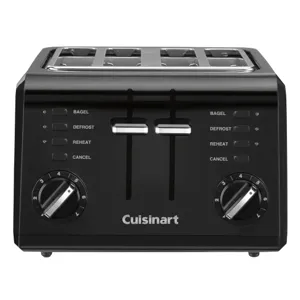 A Cuisinart four-slice toaster in black with functions like bagel, defrost, reheat, and cancel, featuring two separate control dials for browning and dual levers.