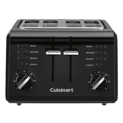 A Cuisinart four-slice toaster in black with functions like bagel, defrost, reheat, and cancel, featuring two separate control dials for browning and dual levers.