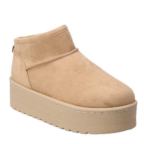 A beige suede boot with a thick platform sole, designed for a slip-on style.