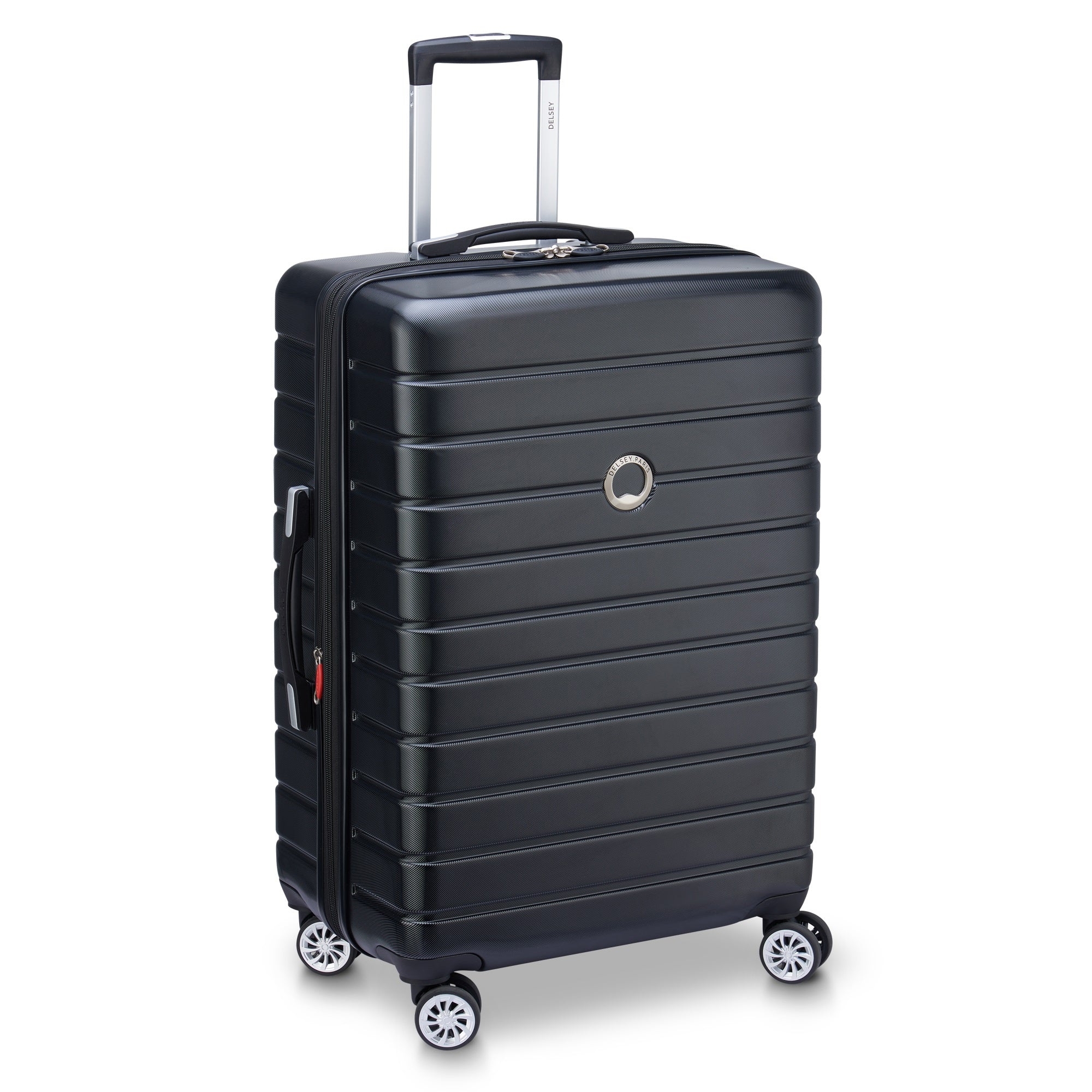 A black hard-shell suitcase with an extendable handle and four spinner wheels.