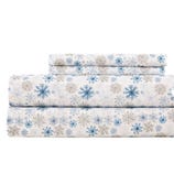Set of bed sheets with a snowflake pattern in blue and gray on a white background.