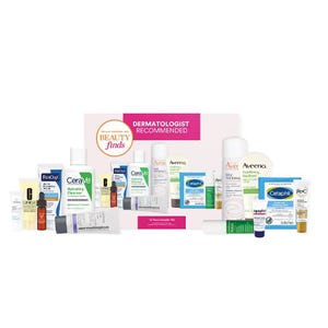 A variety of dermatologist-recommended skincare products, including brands like CeraVe, Aveeno, Cetaphil, Neutrogena, and Clinique, are featured in a beauty set aimed at different skin concerns.