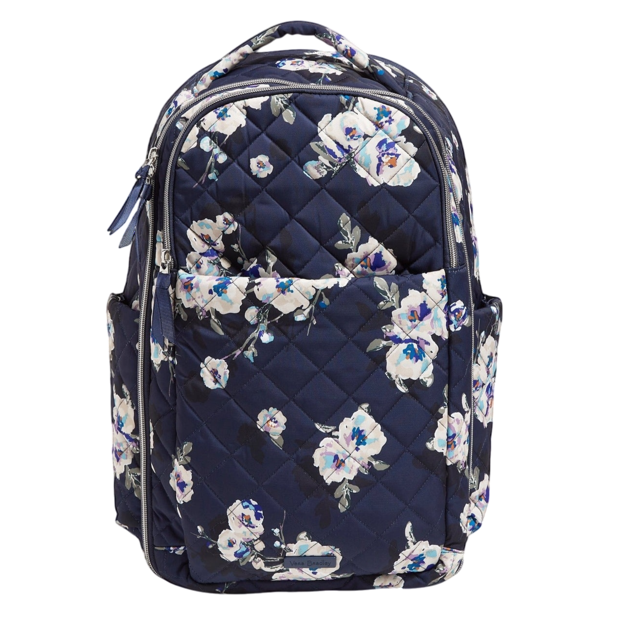 A navy floral quilted backpack featuring multiple compartments, side pockets, and zipper closures.