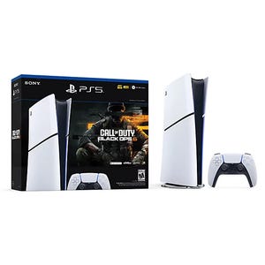 PS5 Call of Duty: Black Ops 6 Bundle includes a PlayStation 5 console and DualSense controller alongside the game Call of Duty: Black Ops 6. The packaging features artwork related to the game.