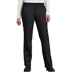 Black straight-leg pants worn with a white top and brown shoes.