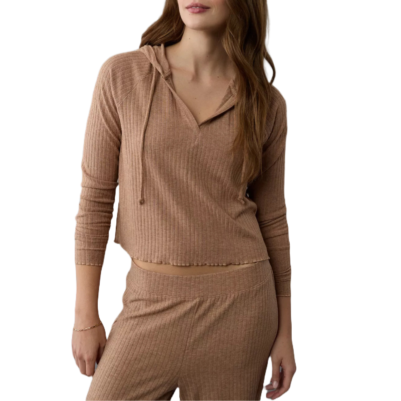A ribbed, brown, long-sleeve cropped hoodie made of soft fabric, paired with matching lounge pants.