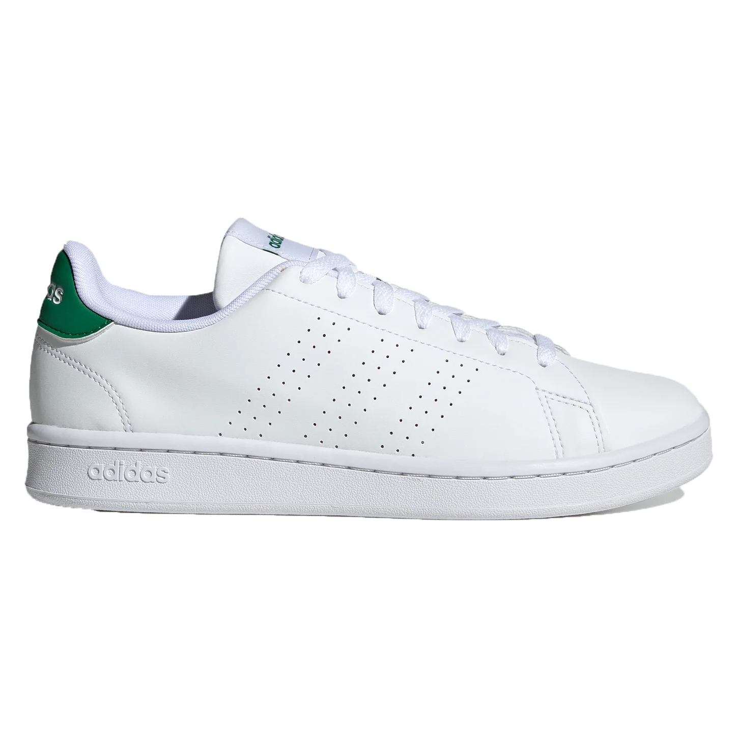 White sneaker with green detailing on the heel and perforations on the side.