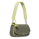 A small green crossbody bag with a wide, braided shoulder strap and floral charms, featuring the \“kate spade new york\“ logo.