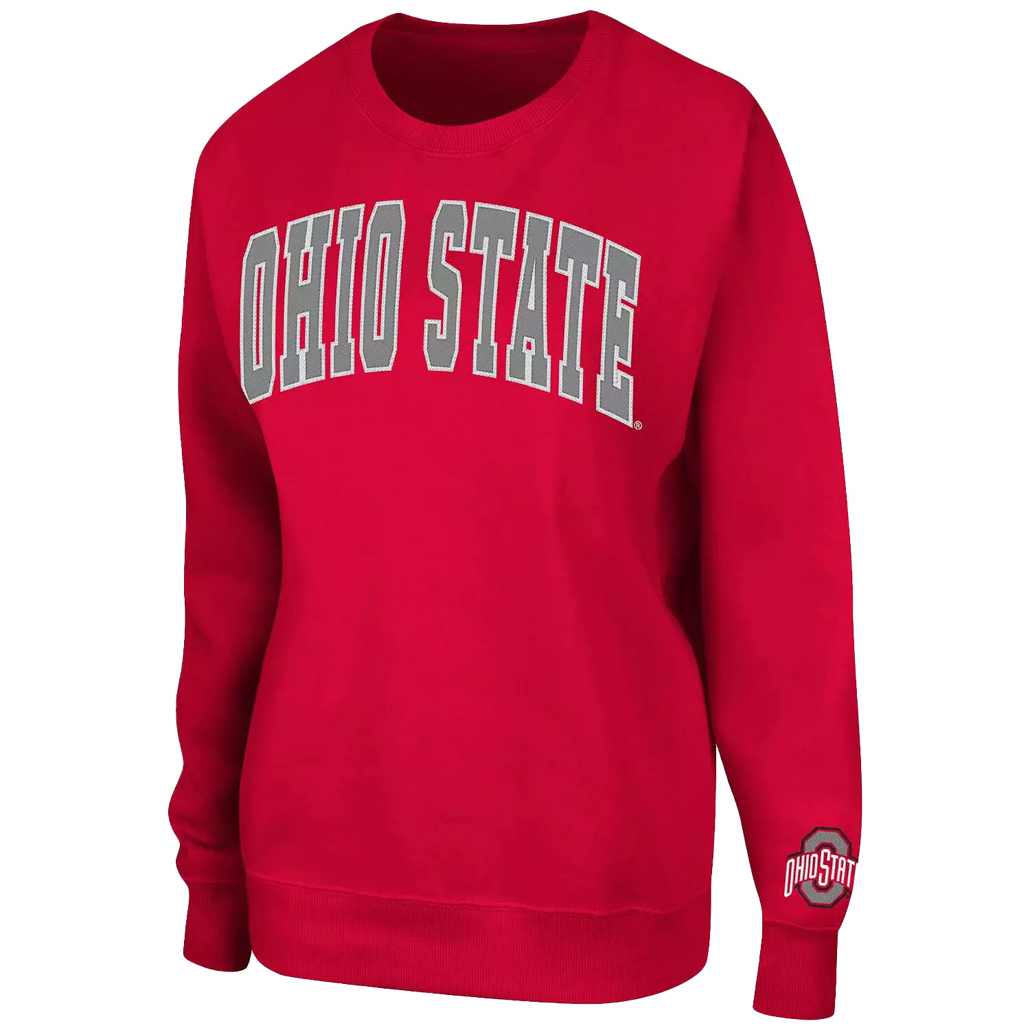 Red Ohio State sweatshirt with \“OHIO STATE\“ in large gray lettering on the front and a small logo on the sleeve.