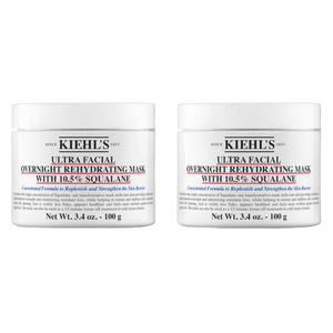 Kiehl's Ultra Facial Overnight Rehydrating Mask with 10.5% Squalane, 3.4 oz (100 g) jars, designed to replenish and strengthen the skin barrier.