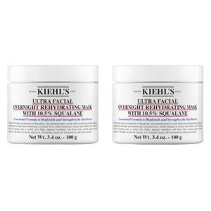 Kiehl's Ultra Facial Overnight Rehydrating Mask with 10.5% Squalane, 3.4 oz (100 g) jars, designed to replenish and strengthen the skin barrier.