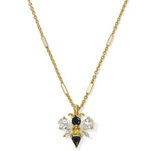 Gold chain necklace with a bee-shaped pendant featuring black and clear crystals, arranged in a symmetrical design to form the bee's wings, body, and head.