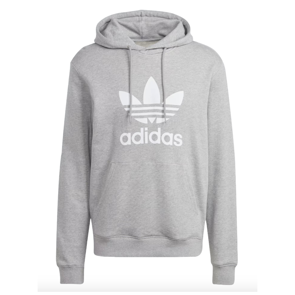 Gray Adidas Men's Trefoil Hoodie with a large white trefoil logo and \“adidas\“ text on the front. Features a drawstring hood, long sleeves, and a kangaroo pocket.