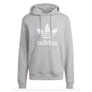 Gray Adidas Men's Trefoil Hoodie with a large white trefoil logo and \“adidas\“ text on the front. Features a drawstring hood, long sleeves, and a kangaroo pocket.