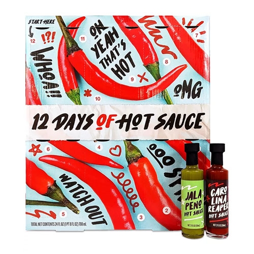 an advent calendar featuring 12 different types of hot sauce