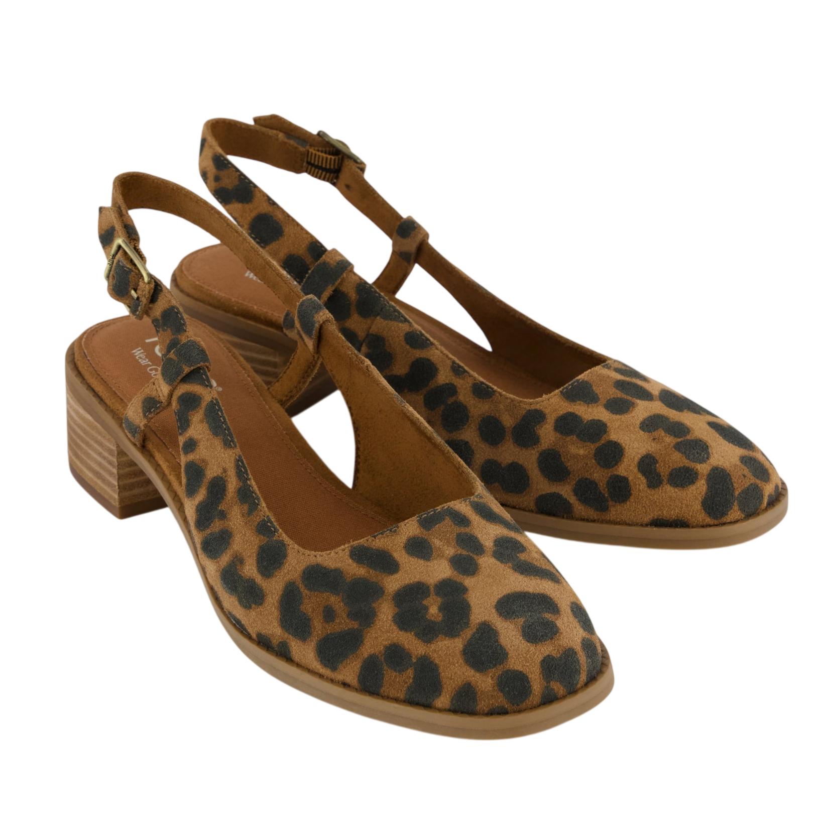 Leopard print slingback shoes with low block heels and adjustable straps.