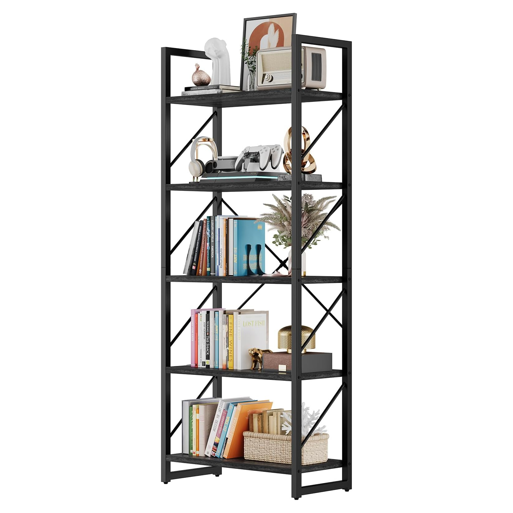 A black metal frame bookshelf with five shelves holding various items including books, decorative objects, a retro radio, a video game controller, a small plant, and a wicker basket. The frame features a crisscross design on the sides for support.