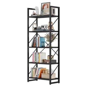 A black metal frame bookshelf with five shelves holding various items including books, decorative objects, a retro radio, a video game controller, a small plant, and a wicker basket. The frame features a crisscross design on the sides for support.