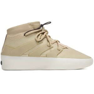 Adidas x Fear of God Basketball Shoes feature a beige upper with a high-top design, smooth overlays, and a lace-up closure. They have a thick off-white sole for a minimalist and modern aesthetic.