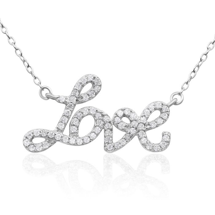 A necklace with the word \“Love\“ in cursive script, encrusted with 1/2 carat of diamonds, is displayed on a delicate chain.