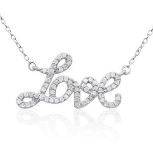 A necklace with the word \“Love\“ in cursive script, encrusted with 1/2 carat of diamonds, is displayed on a delicate chain.