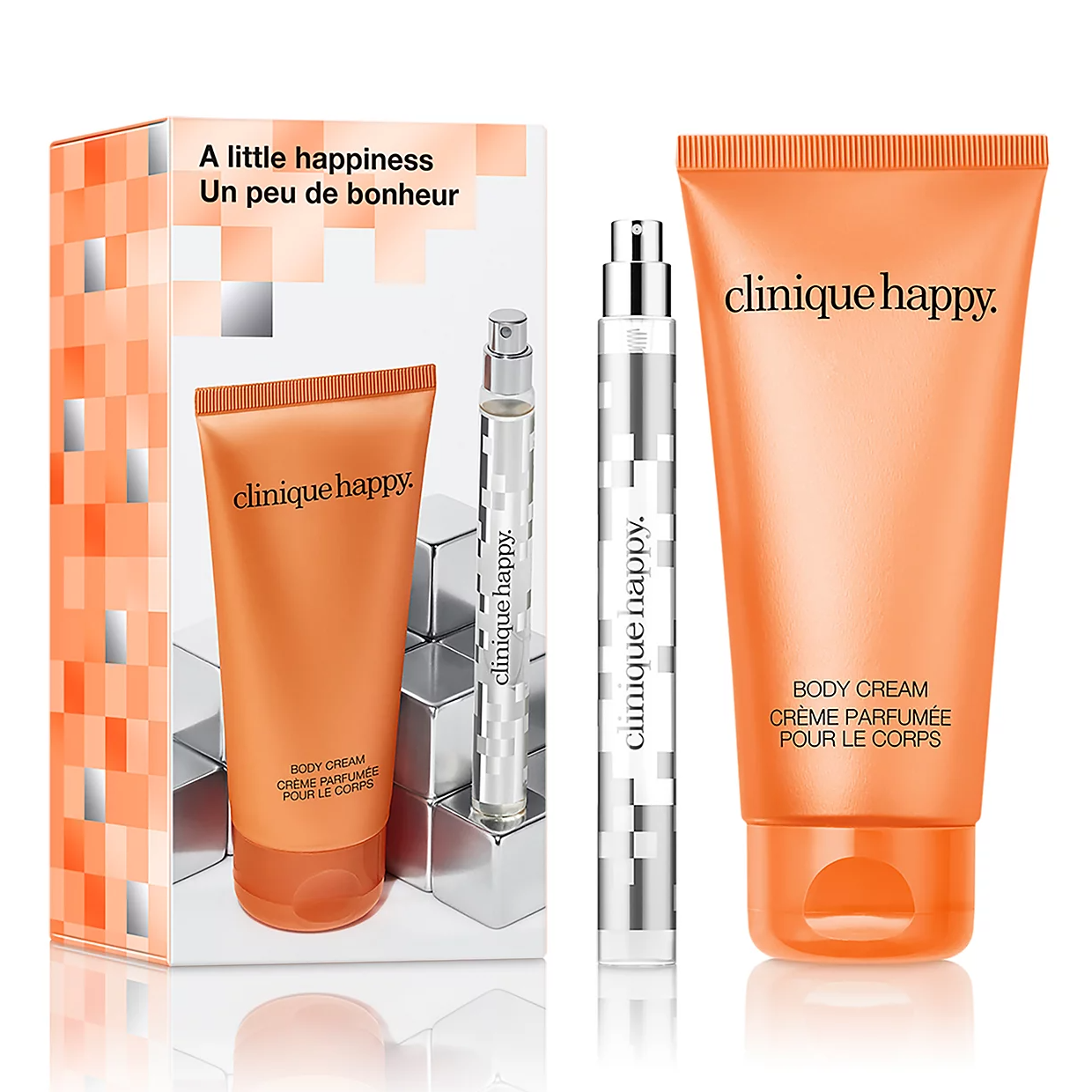 Clinique Happy 2pc Fragrance Set includes a body cream in an orange tube and a sleek spray perfume. The packaging is orange and silver with the tagline \“A little happiness.\“