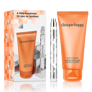 Clinique Happy 2pc Fragrance Set includes a body cream in an orange tube and a sleek spray perfume. The packaging is orange and silver with the tagline \“A little happiness.\“