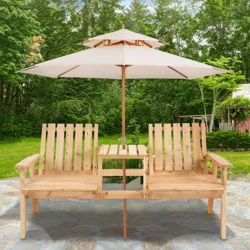 Wooden double chair set with a central table and integrated umbrella, placed on a stone patio with a green garden backdrop.