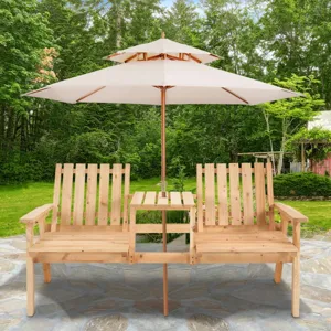 Wooden double chair set with a central table and integrated umbrella, placed on a stone patio with a green garden backdrop.