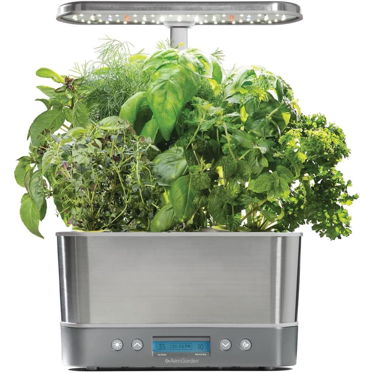 The AeroGarden Harvest Elite Indoor Garden is a compact, stainless steel hydroponic system with an LED grow light, allowing you to grow various herbs indoors. It features a digital control panel for easy maintenance and monitoring.