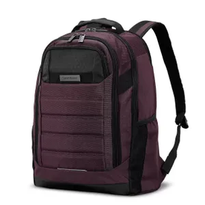 A burgundy Samsonite backpack with multiple compartments and black detailing.