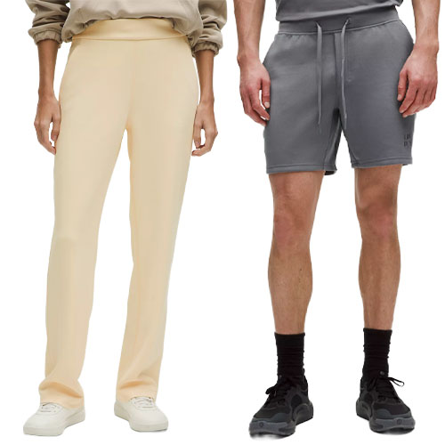 Two clothing items are shown: beige women's jogger pants paired with white sneakers on the left, and gray men's athletic shorts paired with dark socks and sneakers on the right.