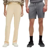 Two clothing items are shown: beige women's jogger pants paired with white sneakers on the left, and gray men's athletic shorts paired with dark socks and sneakers on the right.