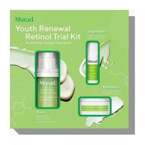 Murad Youth Renewal Retinol Trial Kit includes Retinol Youth Renewal Serum, Retinol Youth Renewal Eye Serum, and Retinol Youth Renewal Night Cream for smoother, younger-looking skin.