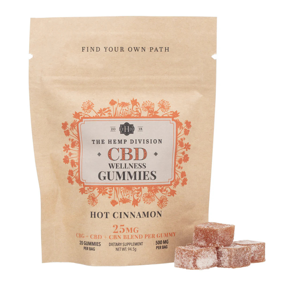 The Hemp Division CBD Wellness Gummies, hot cinnamon flavor, 25mg CBG+CBD+CBN per gummy, 20 gummies per 94.5g bag, total 500mg.