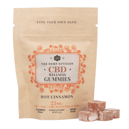 The Hemp Division CBD Wellness Gummies, hot cinnamon flavor, 25mg CBG+CBD+CBN per gummy, 20 gummies per 94.5g bag, total 500mg.
