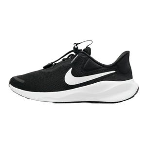 Black Nike running shoe with a white swoosh and sole, featuring a secure-fit lacing system.