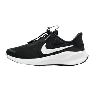 Black Nike running shoe with a white swoosh and sole, featuring a secure-fit lacing system.