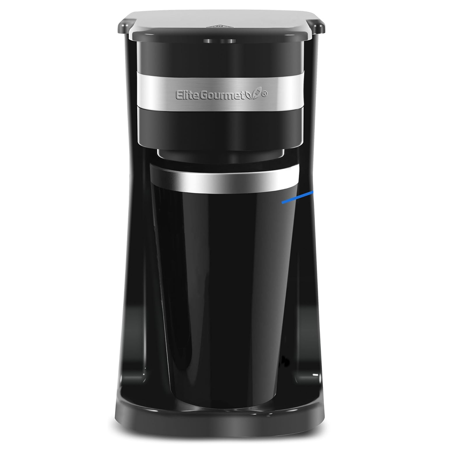 The Elite Gourmet Single-Serve Coffee Maker is a compact, black coffee machine with a decorative silver band. It brews directly into a travel mug and is designed for easy, personal coffee brewing.