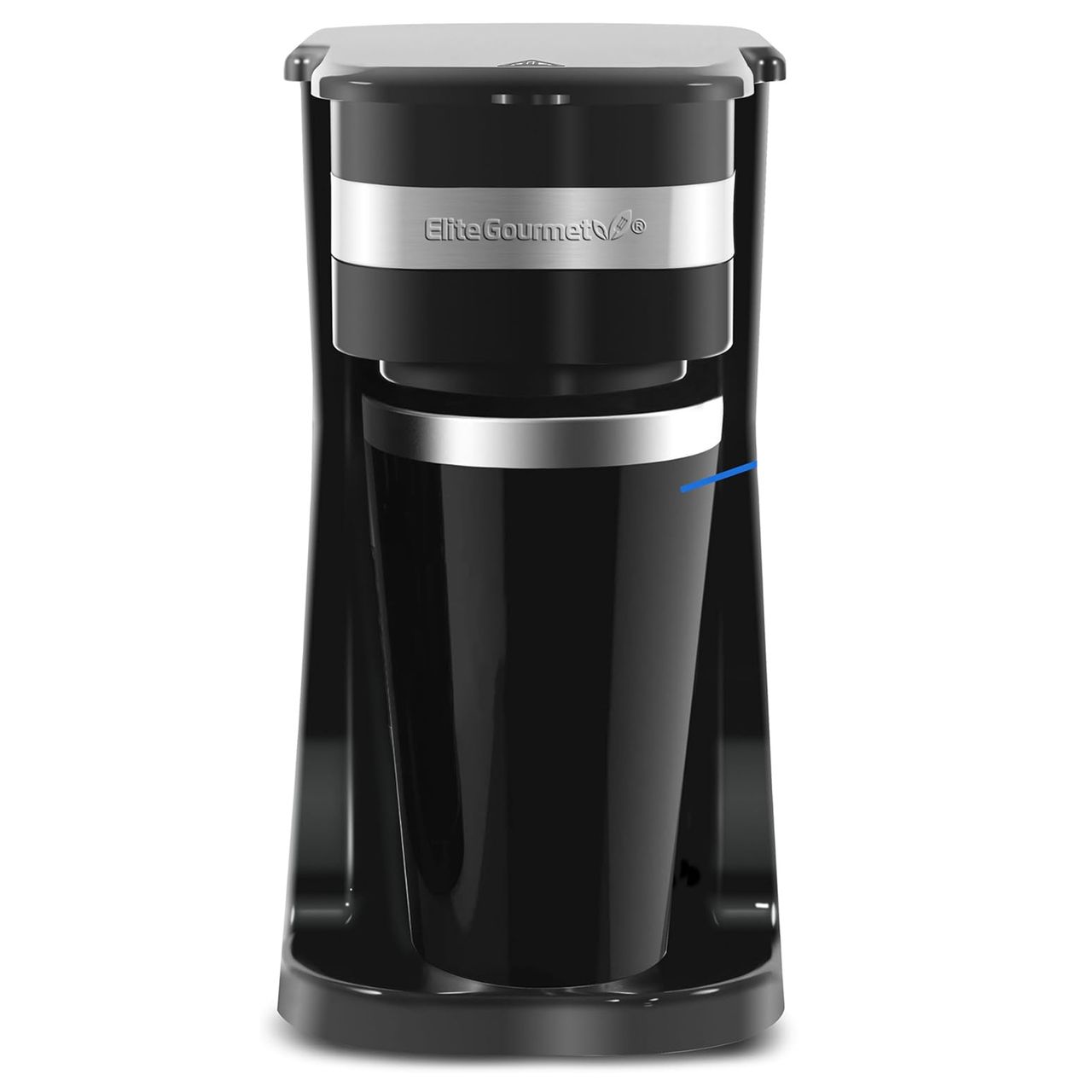 The Elite Gourmet Single-Serve Coffee Maker is a compact, black coffee machine with a decorative silver band. It brews directly into a travel mug and is designed for easy, personal coffee brewing.