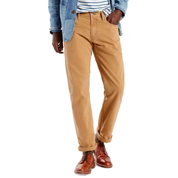 Khaki-colored Levi's 514 jeans with a straight-leg fit are paired with brown leather shoes and partially visible denim jacket.