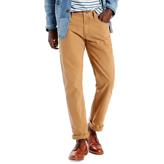 Khaki-colored Levi's 514 jeans with a straight-leg fit are paired with brown leather shoes and partially visible denim jacket.