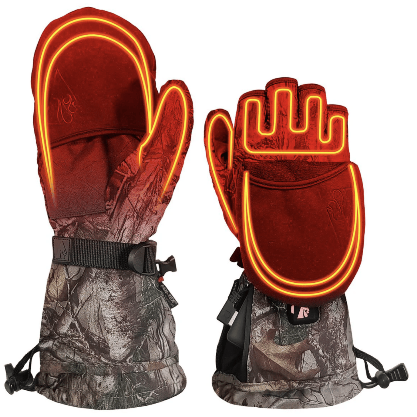 Heated mittens with camo pattern, featuring visible heating elements and adjustable wrist straps, designed for warmth in cold environments.