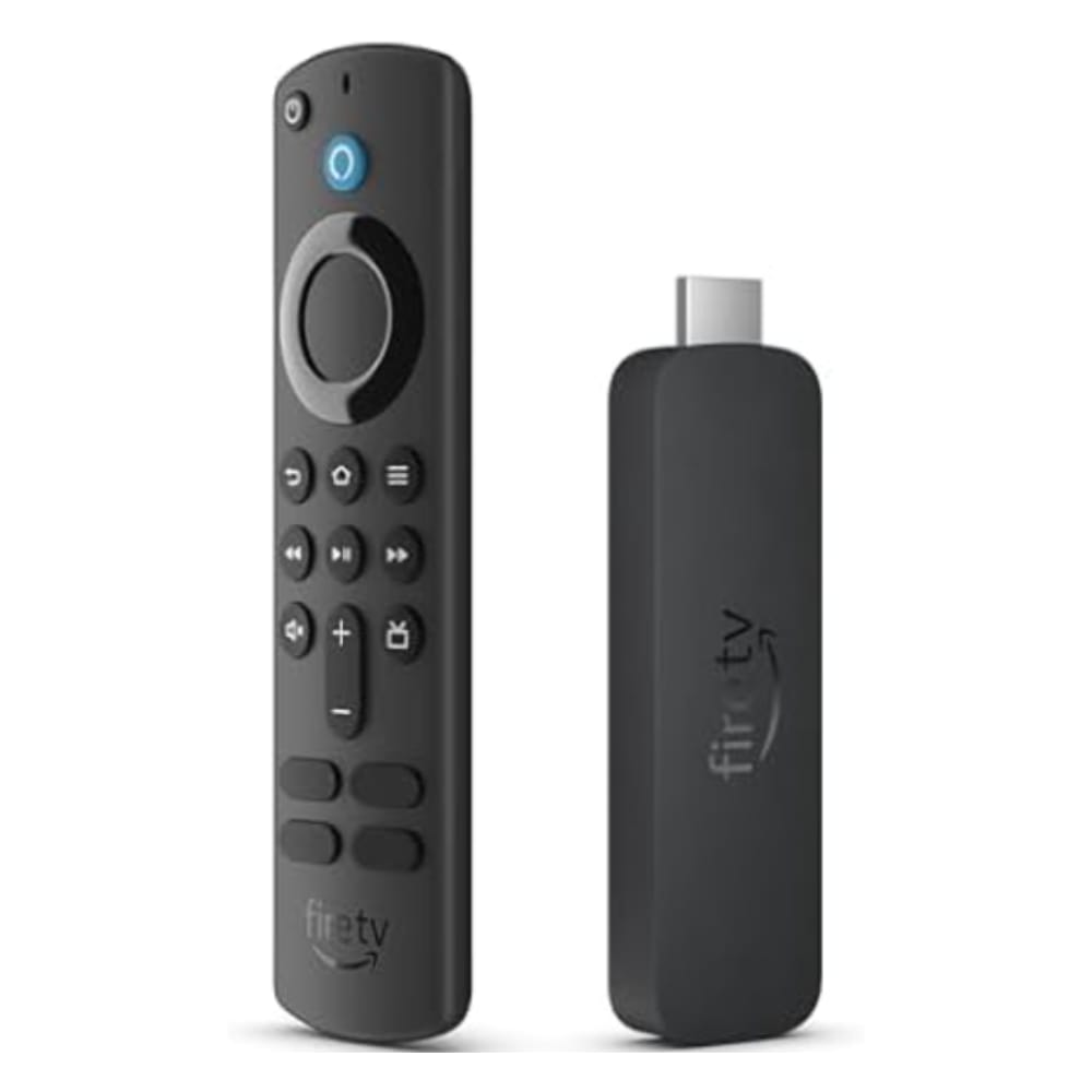 Streaming media stick with remote control, featuring voice command and navigation buttons.