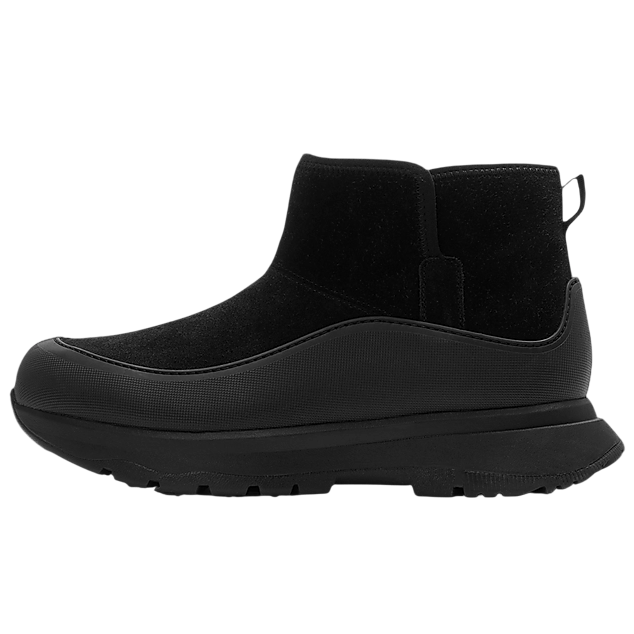 Black ankle boot with a rugged sole and waterproof shell, featuring a loop on the heel for easy wearing.