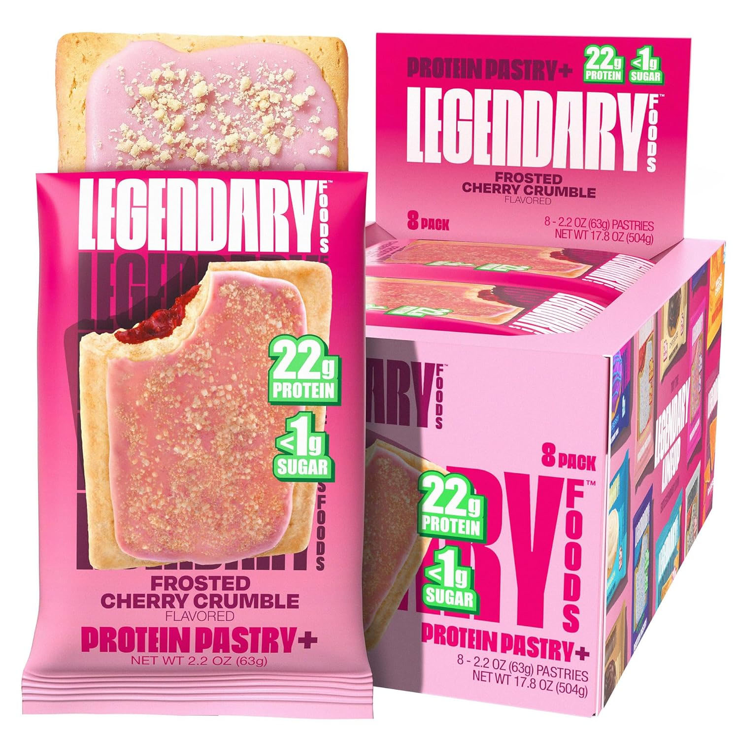 Legendary Foods Frosted Cherry Crumble Protein Pastry, each containing 22g protein and less than 1g sugar, with an 8-pack box (each pastry 63g, total net weight 17.8 oz).